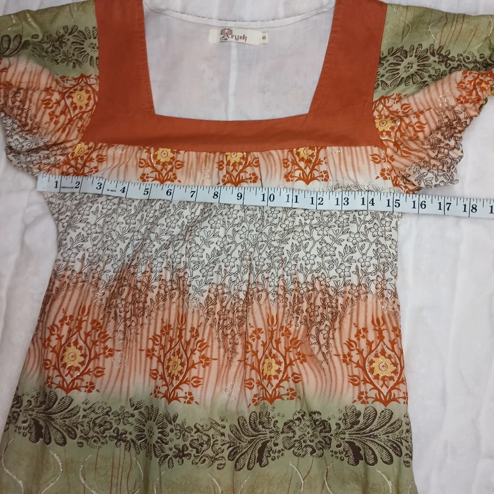 Aryeh Multicolor Boho Print Dress | Square Neck, Puff Sleeve | Size S - Picture 7 of 15